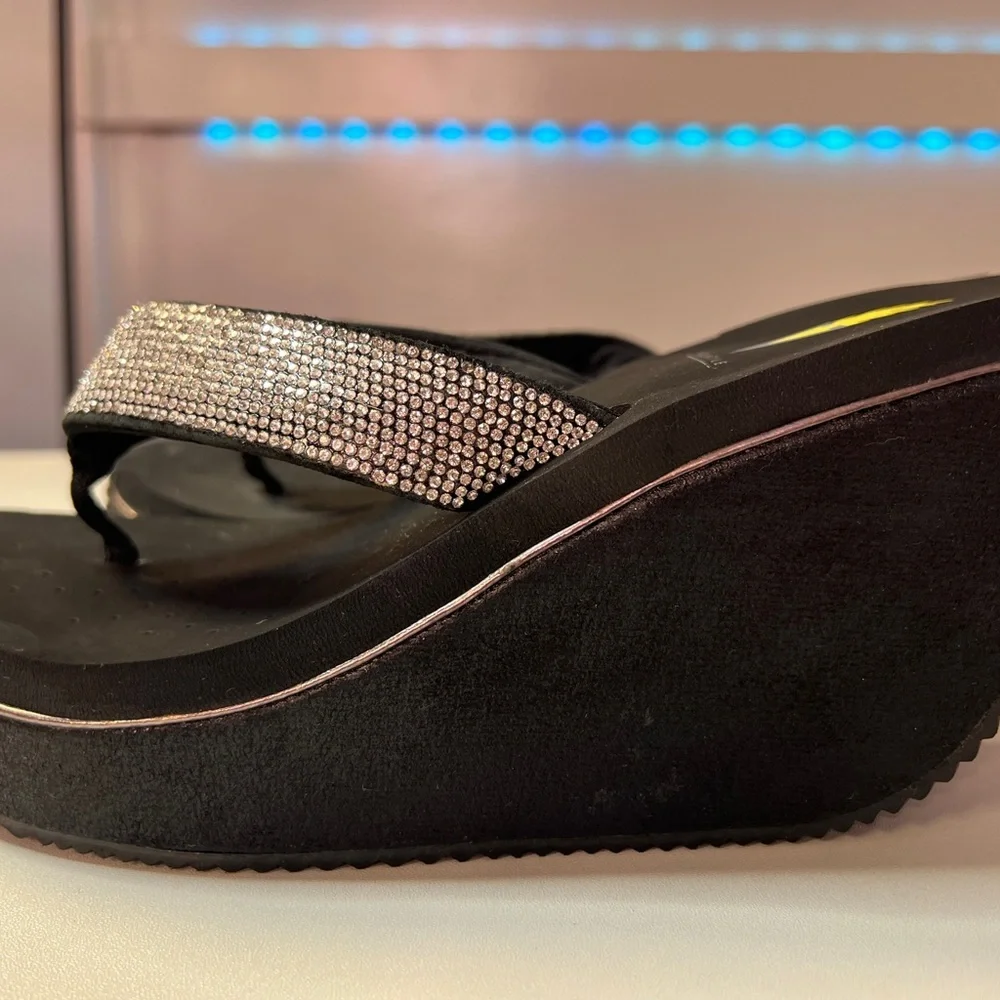 Volatile Glimpse Black Wedge Sandals with Rhinestone Straps - Picture 3 of 6